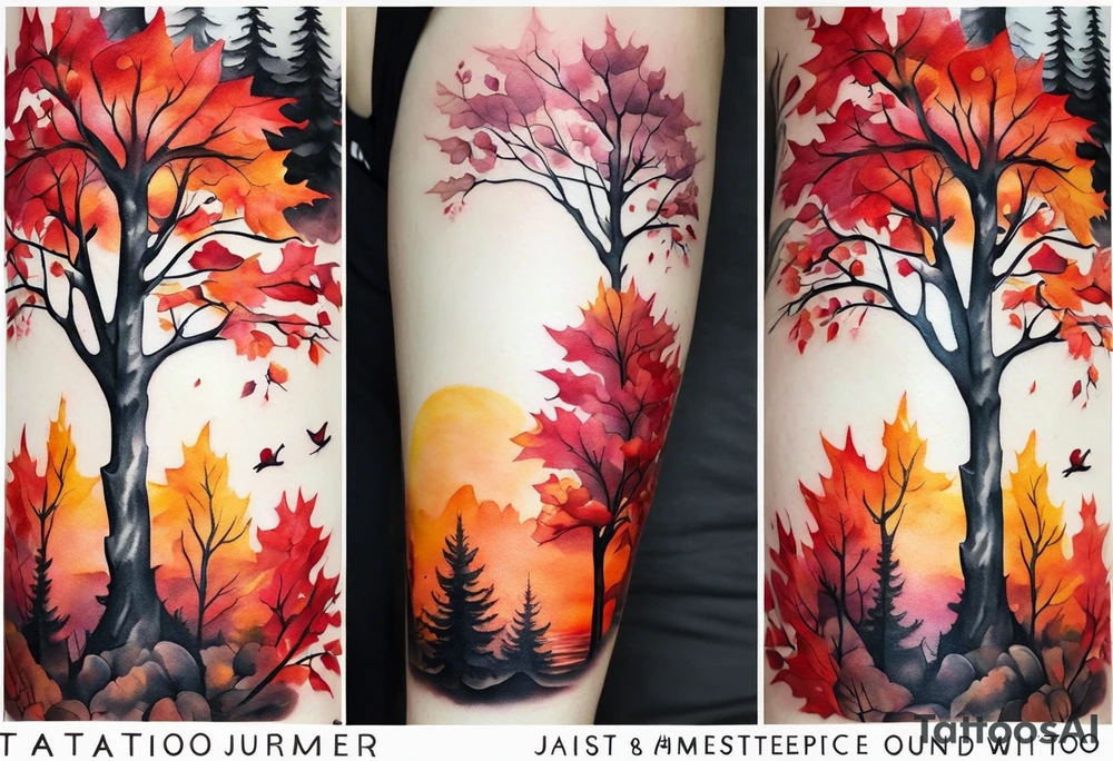 Arm tattoo. Long tattoo A maple tree with red autumn leaves that branches upwards. White-throated dipper bird on the trees branches. Calluna flowers at the base of the trees stem. Tree stem has dark colors. Red/yellow sunset behind the trees stem. Leaves falling. tattoo idea