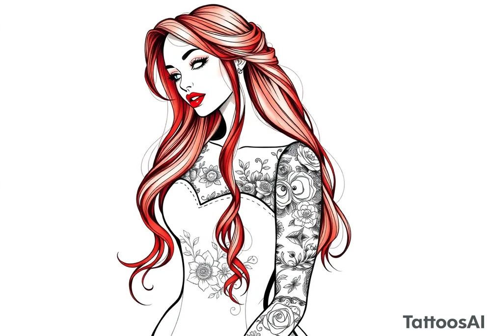 Woman with long red hair and red lipstick with lots of tattoos in her wedding dress tattoo idea