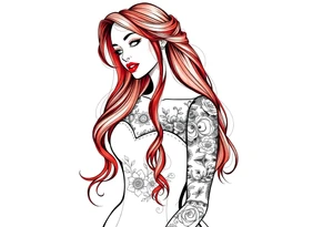 Woman with long red hair and red lipstick with lots of tattoos in her wedding dress tattoo idea