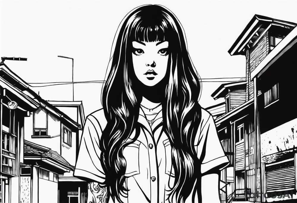 portrait of tomie standing up a character by the horror manga author junji ito full body standing murderously. add more horror and gore elements tattoo idea