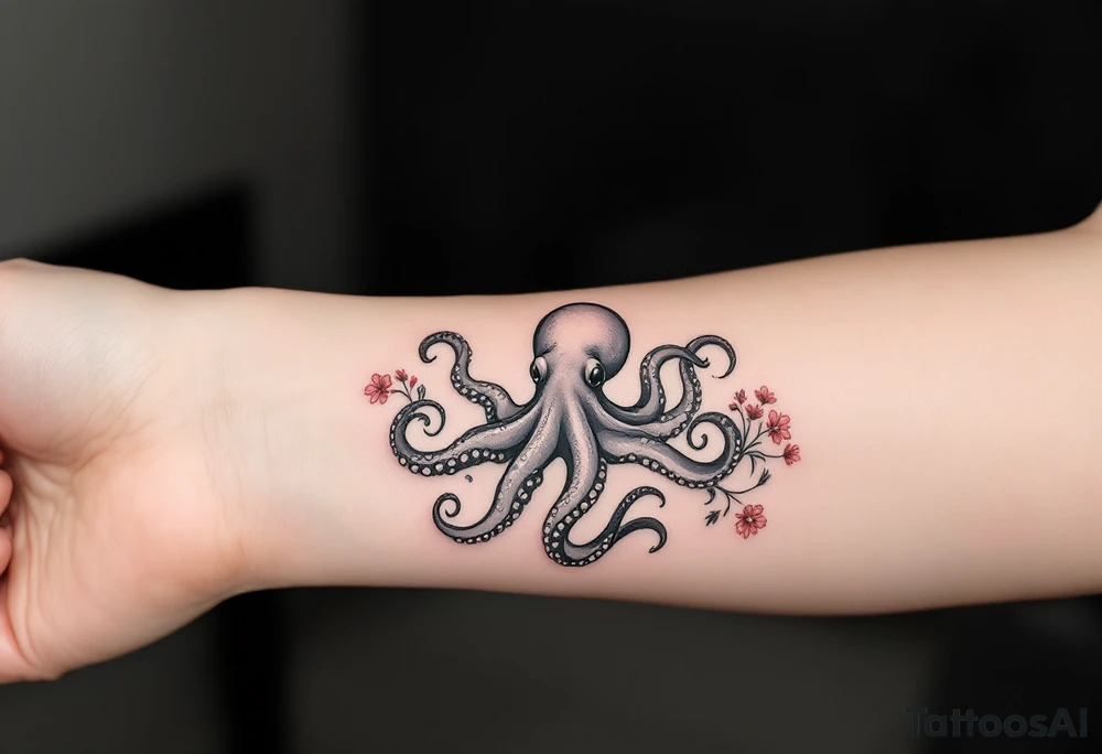 A small realistic black and grey tattoo of an octopus, cute, with detailed shading and soft linework, showing the octopus with swirling tentacles, on light skin. ornamental flowers around with red ink. The style is minimalistic and elegant, resembling fine-line tattoo with a shadow tattoo idea