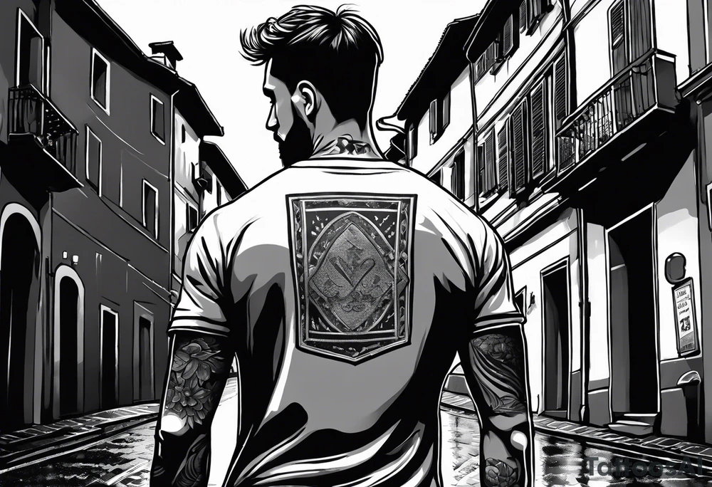 Guy dribbling with number 8 jersey through the streets of florence/naples in the rain with headphones in his ears creating notes that end up in the clouds tattoo idea