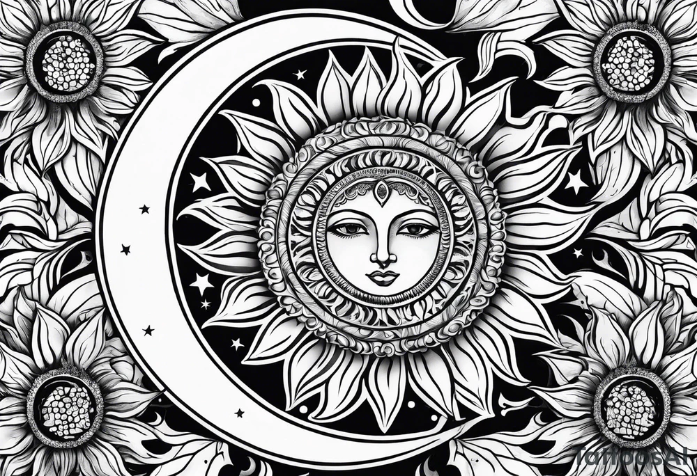 Sunflowers sun and moon tattoo idea