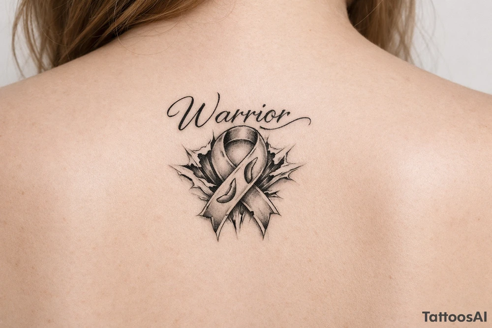 Warrior in cursive with sikkle cells ribbon tearing out of skin tattoo idea