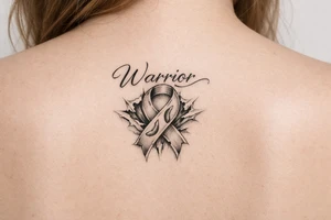 Warrior in cursive with sikkle cells ribbon tearing out of skin tattoo idea