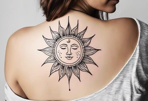 Draw me a beautiful and realistic sun tattoo using the ONE LINE method.
May the tattoo be pleasant, optimistic and positive.
Location: Above a man's chest tattoo idea