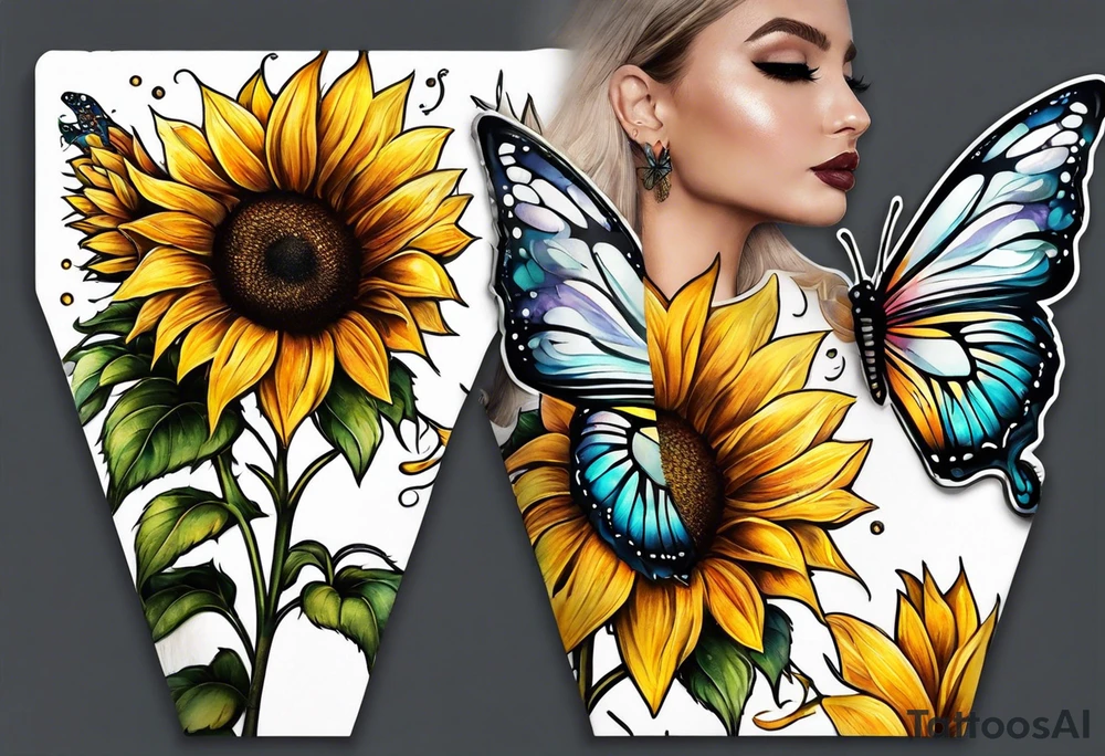 Sunflower with butterfly half leg sleeve tattoo idea