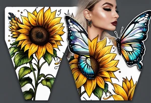 Sunflower with butterfly half leg sleeve tattoo idea