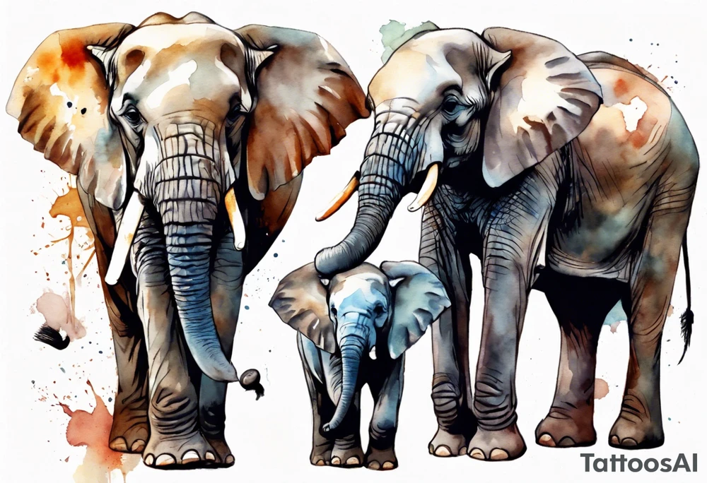family of elephants including a mom and dad, 4 children, one of which is deceased. tattoo idea