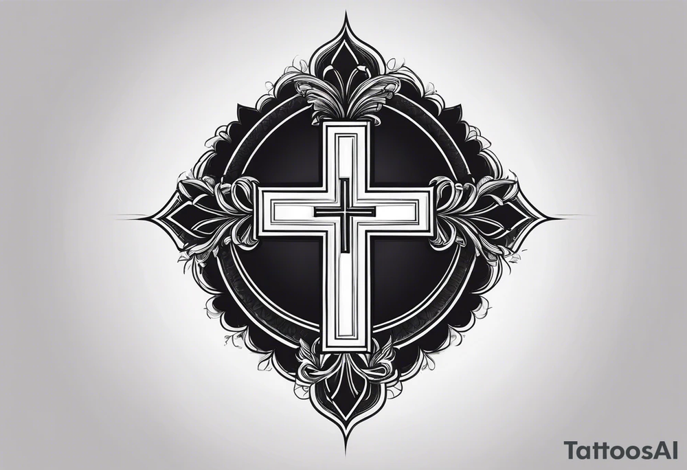 A minimalist tattoo featuring a cross rising from a dark background. The cross should be adorned with a small crown, symbolizing Christ's victory. tattoo idea