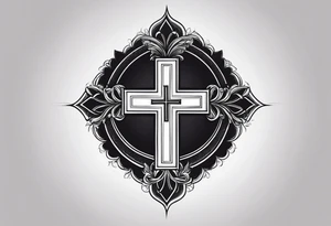 A minimalist tattoo featuring a cross rising from a dark background. The cross should be adorned with a small crown, symbolizing Christ's victory. tattoo idea