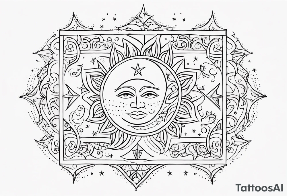 mexican sun stars and moon. Mirrored with swirls and dots and stars tattoo idea