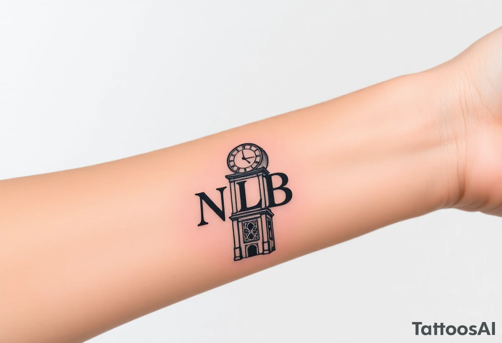 clock tower with the the word NLB tattoo idea