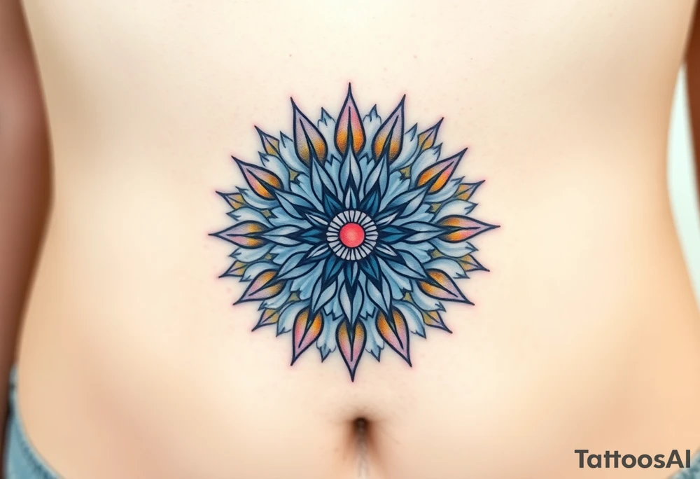 A sunburst pattern radiating from the Flower of Life centered in round cyrcle, embodying energy and vitality tattoo idea