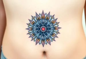 A sunburst pattern radiating from the Flower of Life centered in round cyrcle, embodying energy and vitality tattoo idea