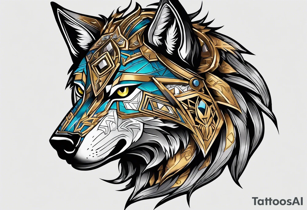 Legend of zelda link wolf in side profile muzzle facing th ebottom 
, in the center of his forhead is a diamond shape with a dot in the middle done in the style of black line work tattoo idea