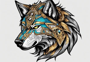 Legend of zelda link wolf in side profile muzzle facing th ebottom 
, in the center of his forhead is a diamond shape with a dot in the middle done in the style of black line work tattoo idea