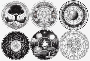 very masculine tattoo about creation including atlas, vitruvian man, touch of god and tree of life and fibonacci spiral for forearm tattoo idea