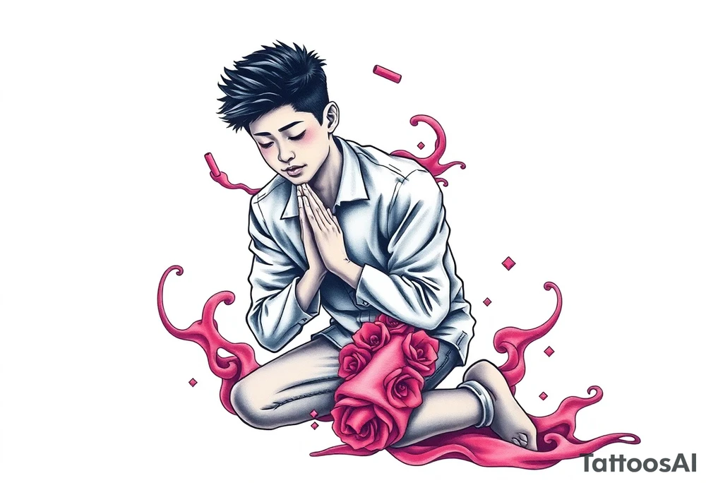 Handsome Asian young guy is standing on his knees apologising tattoo idea