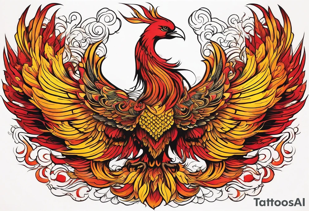 Phoenix rising up from the ashes, in the shades of red and yellow tattoo idea