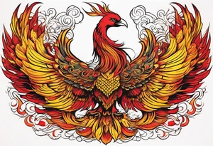 Phoenix rising up from the ashes, in the shades of red and yellow tattoo idea