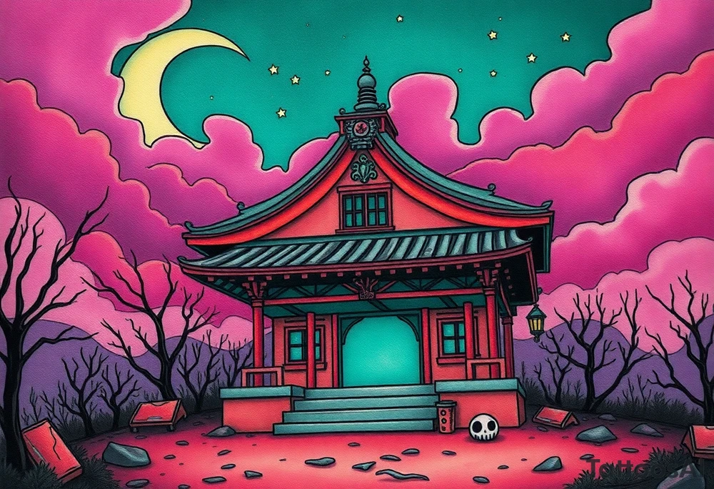 Tim Burton’s haunted pastel Tokyo shrine is abandoned and dripping with muted reds, dusty pinks, and eerie green glow.purple and cyan smokey clouds swirl in the crescent moonlit sky thats sprinkled with stars tattoo idea tattoo idea