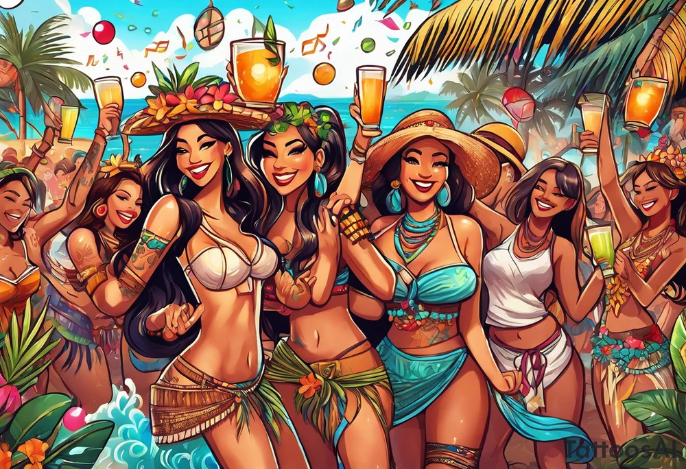 TIKI beach  dance party scene with tropical drinks, sexy girls dancing, music notes, confetti tattoo idea