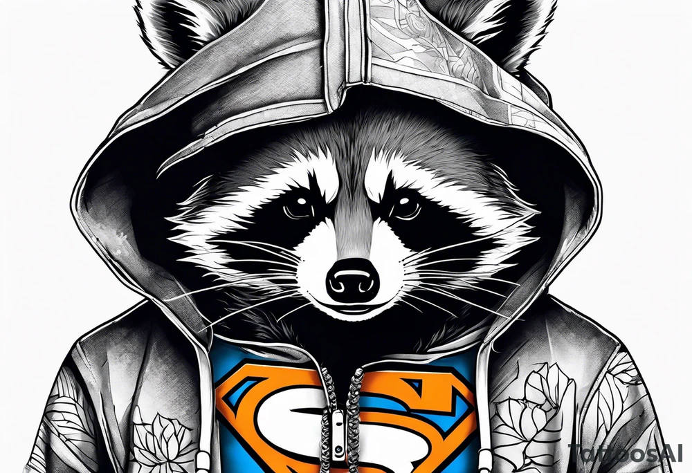 Raccoon wearing an orange Superman hoodie tattoo idea