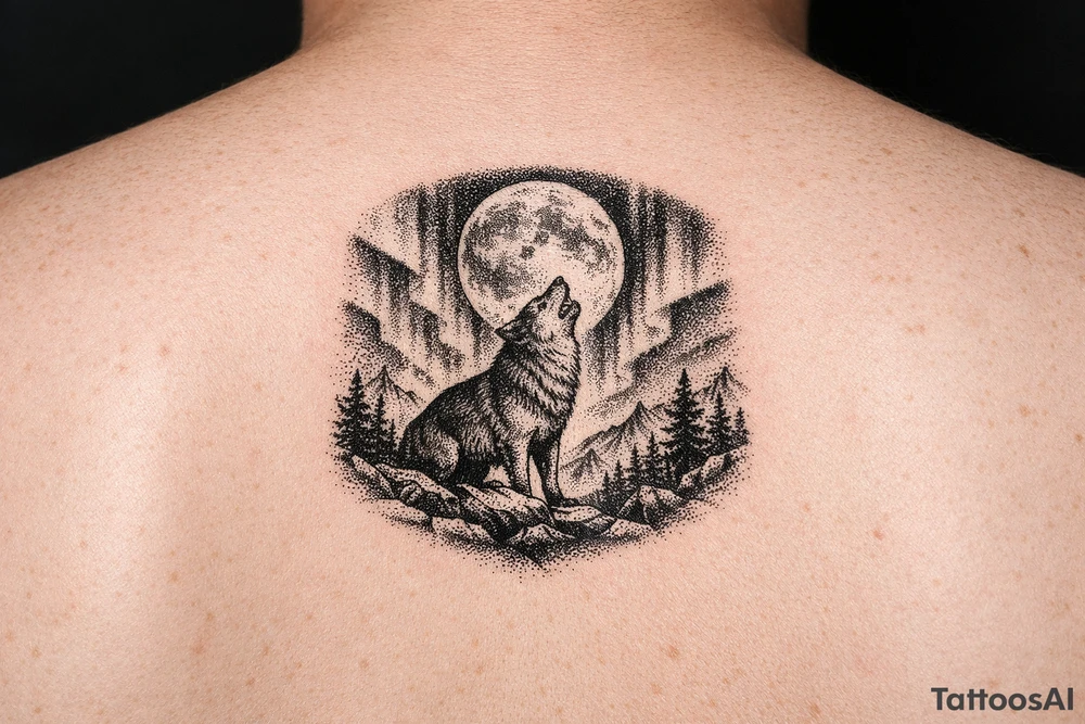 lone wolf howling at full moon with northern lights backdrop tattoo idea