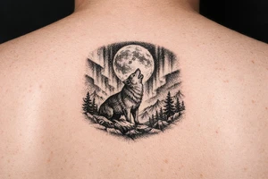 lone wolf howling at full moon with northern lights backdrop tattoo idea