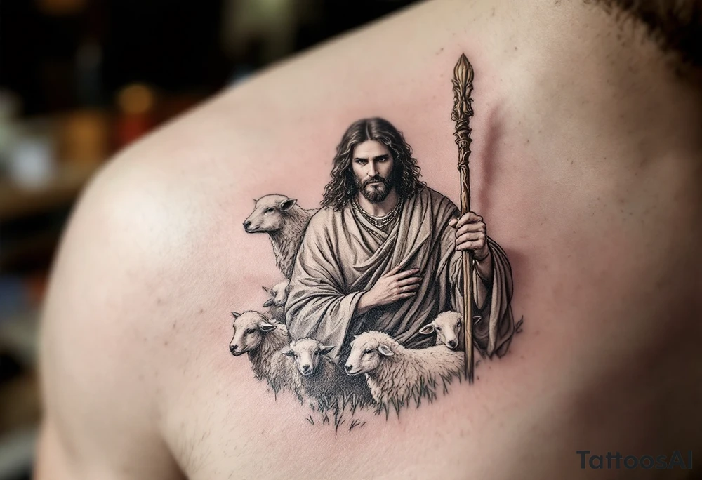 Good Shepherd – Jesus as the Good Shepherd, with a soft beige robe and a staff, surrounded by gentle sheep, with a green pasture in the background. tattoo idea