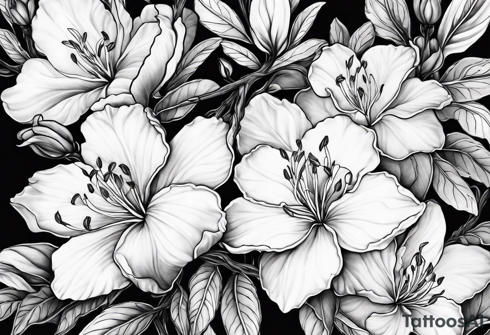 5-petal azaleas with buds along a long branch tattoo idea