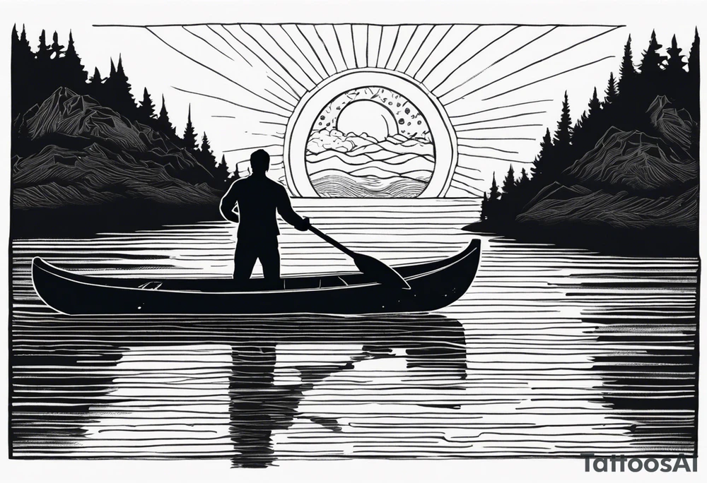 pictured from behind, average sized silhouette man with arms fully extended straight out to the side at chest level, standing on top of modestly sized canoe on the water with a sun above his head. tattoo idea