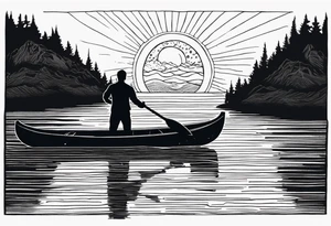 pictured from behind, average sized silhouette man with arms fully extended straight out to the side at chest level, standing on top of modestly sized canoe on the water with a sun above his head. tattoo idea