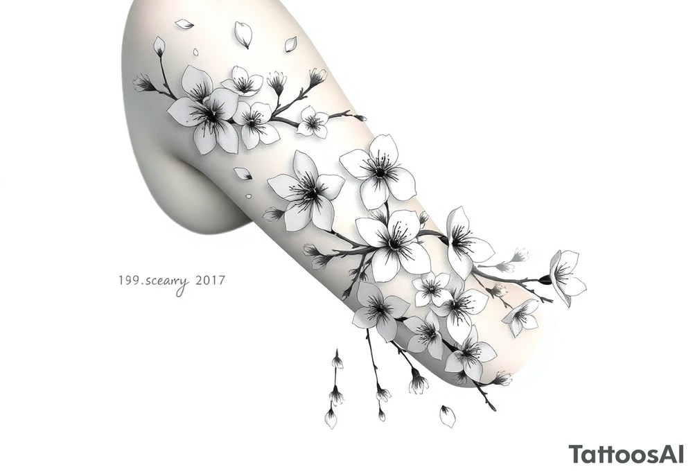 delicate cherry blossoms swirling in spring breeze with petals tattoo idea