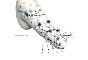 delicate cherry blossoms swirling in spring breeze with petals tattoo idea