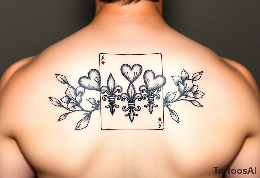 SIX of hearts card with 6 fleur de lis as the hearts and magnolias in the background tattoo idea