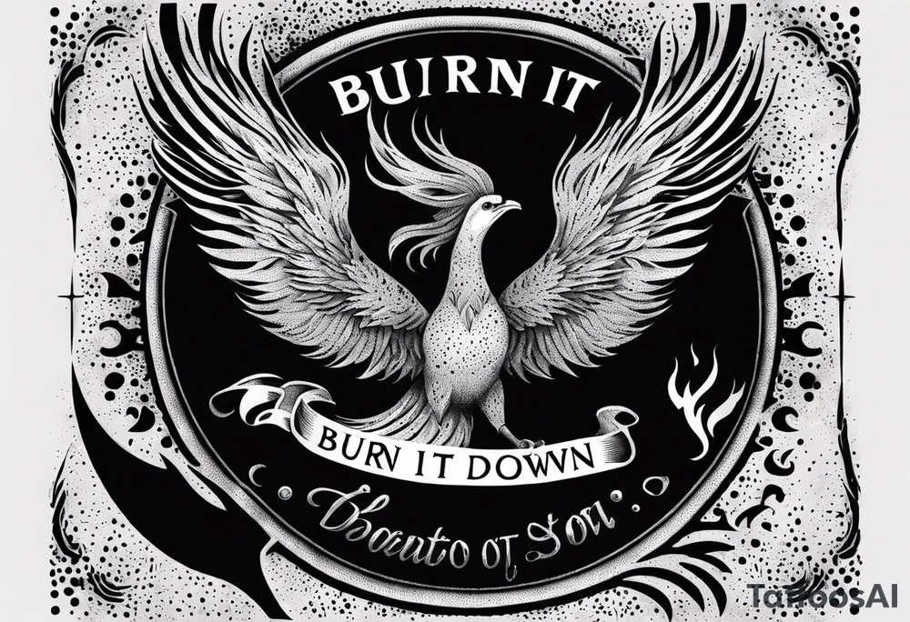 Bold text "BURN IT DOWN" engulfed with flames and smoke of a phoenix tattoo idea