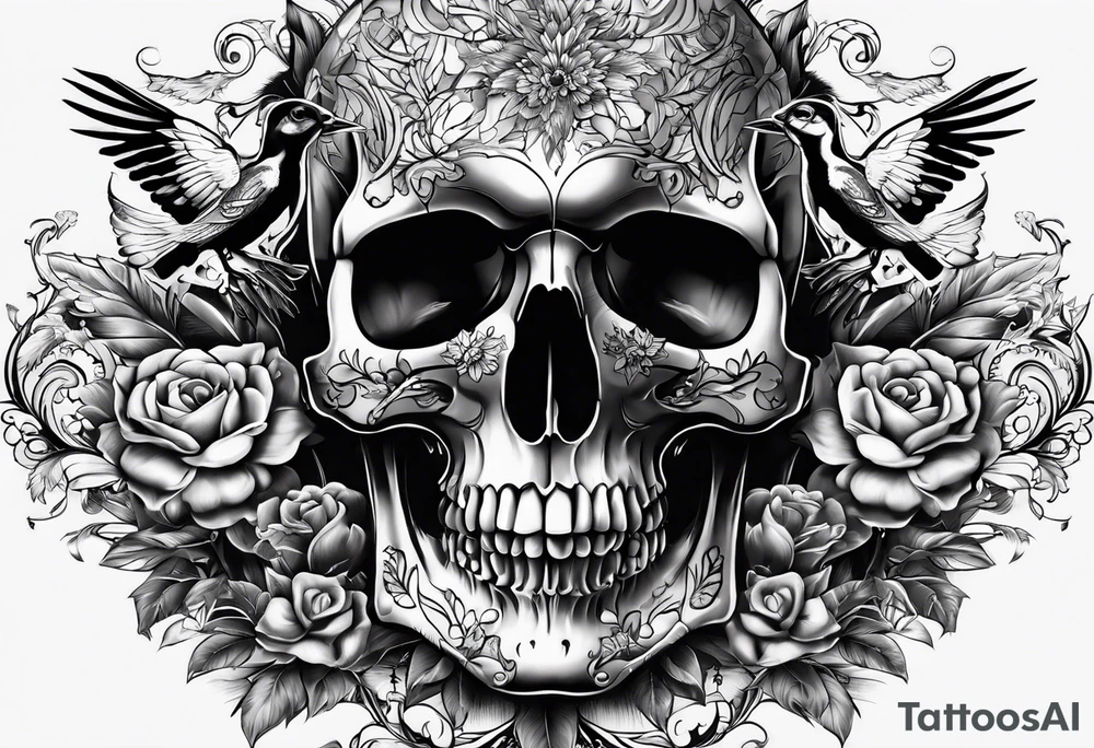 skull with sparrows tattoo idea