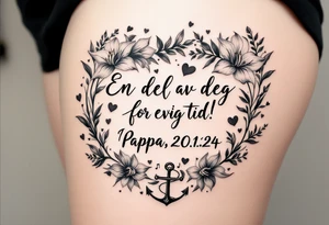 Quote in two rows; En del av deg for evig tid! Pappa, 20.12.24. Surround the quote with gladioluses on both sides, hearts, music notes and an anchor. tattoo idea