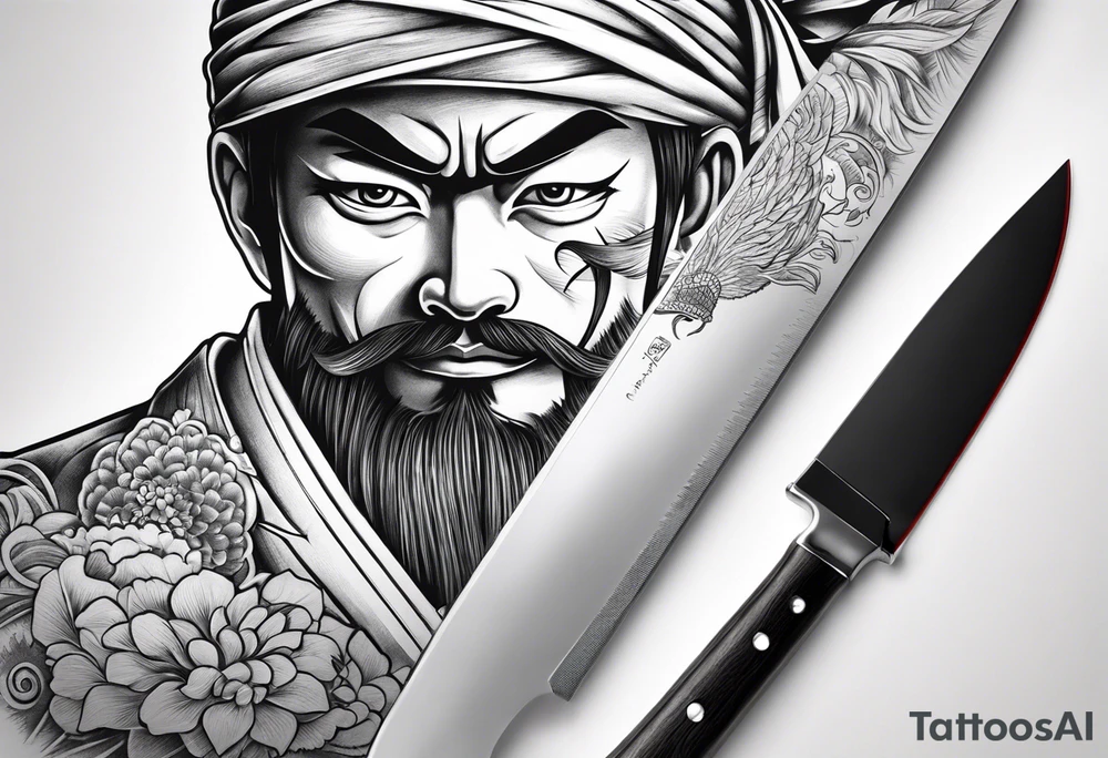 A japanese chef knife in front of Mugiwara Luffy tattoo idea