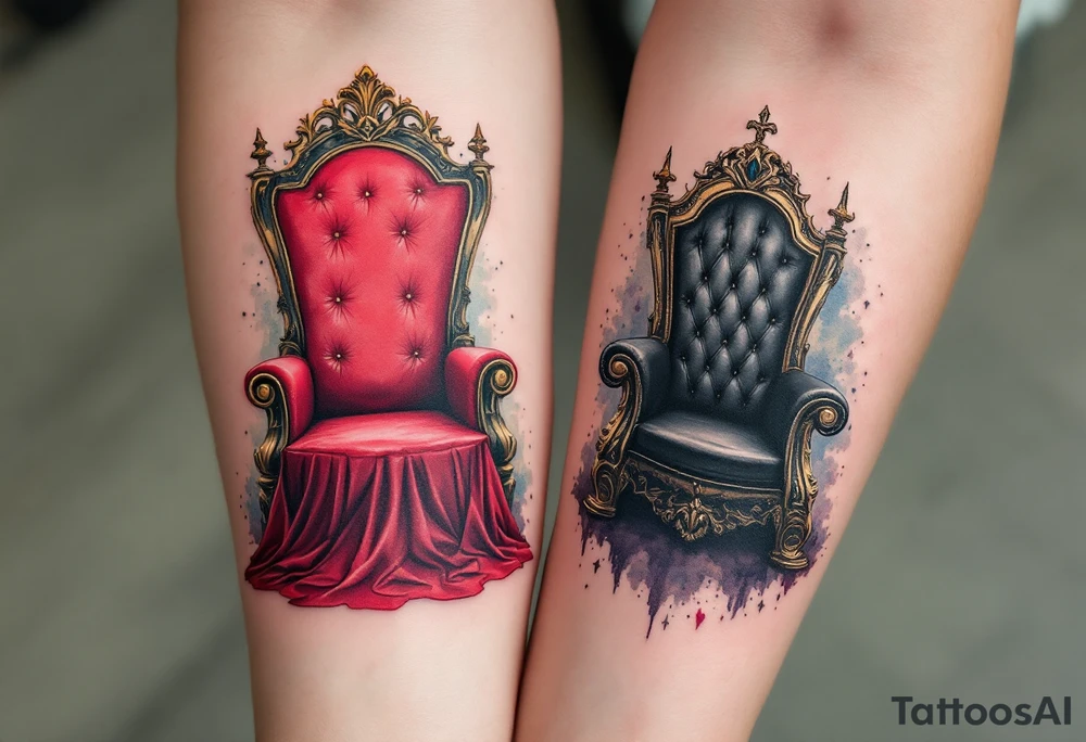 A red velvet throne for the queen and a black leather throne for the king, drawn in rich detail. tattoo idea