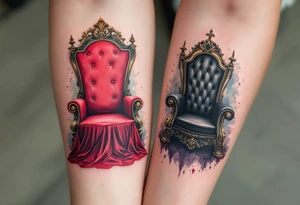 A red velvet throne for the queen and a black leather throne for the king, drawn in rich detail. tattoo idea