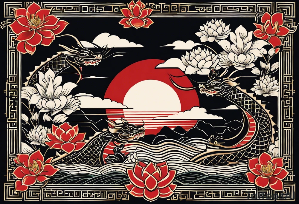 A black Vietnamese tattoo design featuring intricate depictions of sacred animals like the dragon and turtle intertwined with majestic mountains and lush rice fields. Incorporate iconic elements such as the conical straw hat floating above, surrounded by blooming lotus flowers and traditional silk lanterns. The tattoo reflects the essence of Vietnam's breathtaking nature, with swirling mist and flowing water elements woven into the composition, merging traditional artistry with a modern flair. Use a color palette that evokes the lush greens of the countryside and the warm tones of sunset. tattoo idea