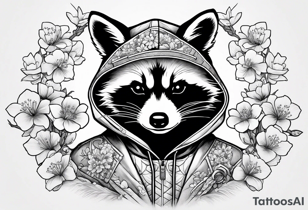 Raccoon wearing a Superman hoodie and Japanese cherry blossoms tattoo idea