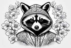 Raccoon wearing a Superman hoodie and Japanese cherry blossoms tattoo idea