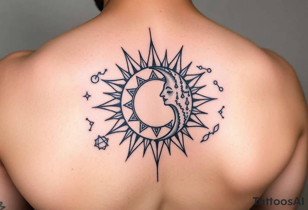 celestial sun and moon embrace with constellation patterns tattoo idea