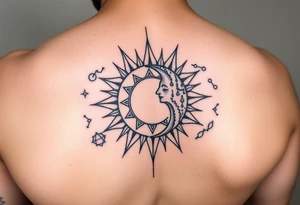 celestial sun and moon embrace with constellation patterns tattoo idea