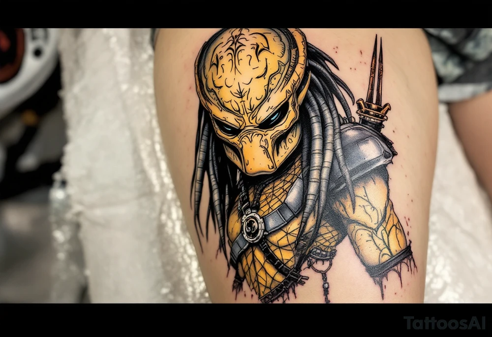 The original Yautja from Predator (1987), featuring mottled yellow-green skin, reptilian textures, netted mesh bodysuit, and battle-worn metallic armor. Its bio-mask has a smooth, silver finish with tribal etchings. tattoo idea
