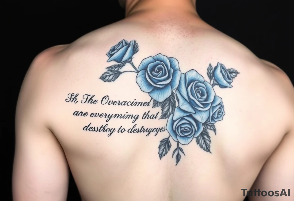 Full arm sleeve of blue roses with the quote “ She overcame everything that tried to destroy her “ tattoo idea